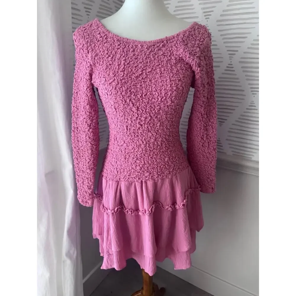 Free People Small Pink What A Time Drop-Waist Crinkle Stretchy Mini Dress